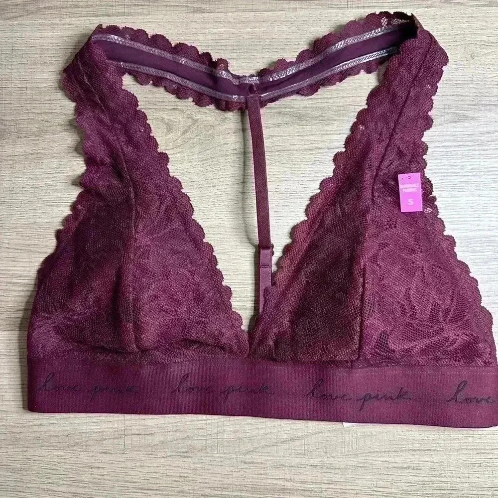 Victoria’s Secret pink Burgundy Bra Size small Lace Bralette T-back